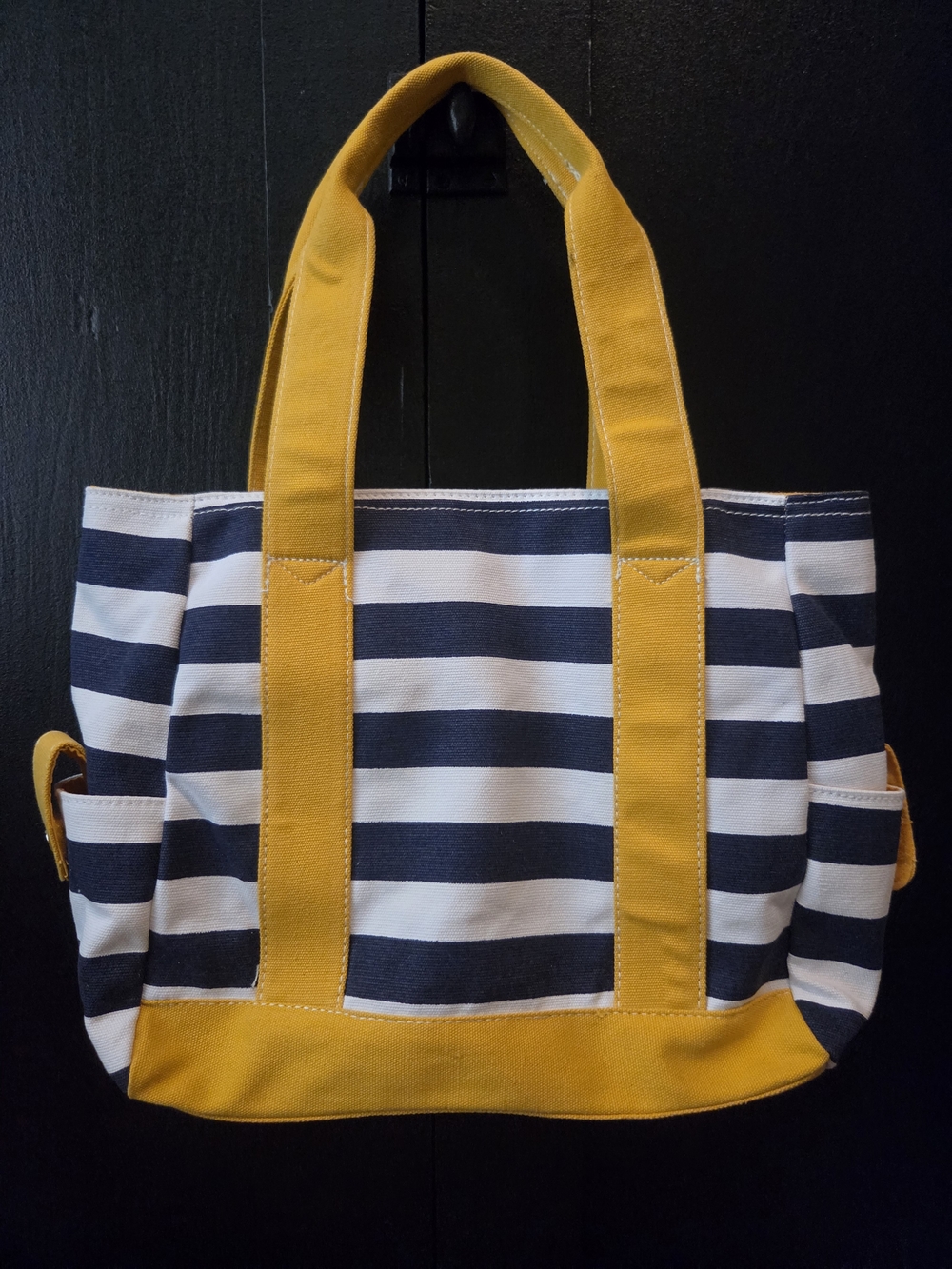 Navy and White Striped Canvas Tote with Yellow Accents